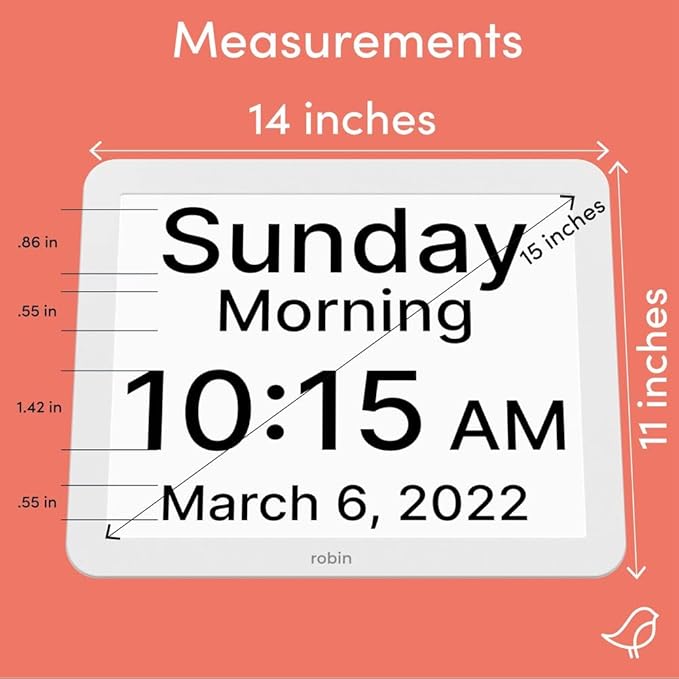 Robin Clock with Day and Date for Elderly, Clocks for Seniors, Dementia Clock, Digital Calendar Elderly Bedside Clocks Senior Alzheimers Products Dementia Clocks Seniors Extra Large, White 15"