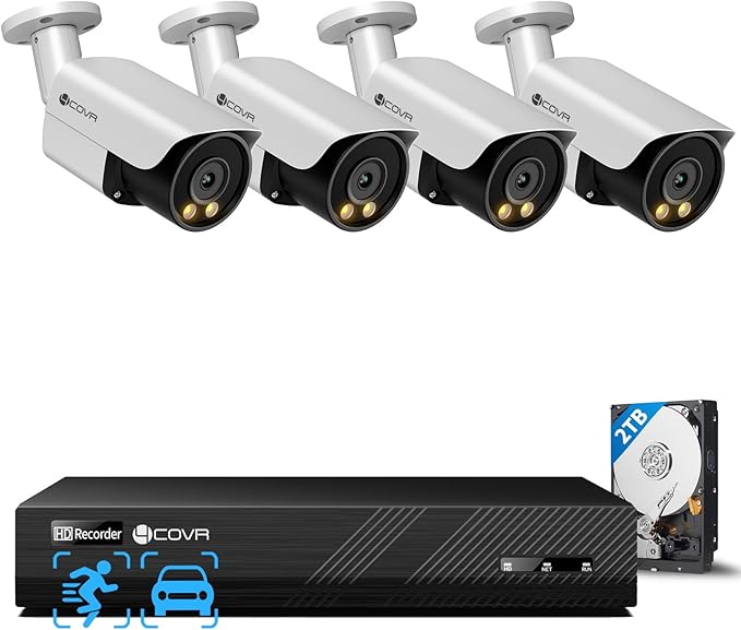 4COVR PoE Security Camera System 4K, 2 Way Audio Talk & Smart Color Night Vision, 4X 8MP Bullet PoE IP Camera IP67 Person Vehicle Detection, 8CH 4K NVR 2TB HDD, 24/7 Home Video, LY37YX8M0804
