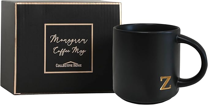 COLLECTIVE HOME - Black Monogram Ceramic Mugs, 15 oz Golden Initial Coffee Cups, Elegant Alphabet Tea Mugs, Personalized Halloween Mug with Gift Box, Perfect for Office and Home Décor (z)