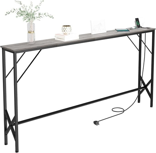 63'' Console Table, Skinny Entryway Table with Fast-Charging Station, Narrow Long Sofa Table, Behind Slim Couch Table for Entrance, Hallway, Living Room Decor ST-GY160-1