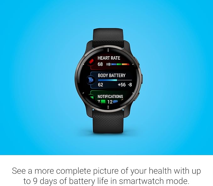 Garmin Venu 2 Plus, GPS Smwatch with Call and Text, Advanced Health Monitoring Fitness Features, Slate Black Band, One Size (Renewed)