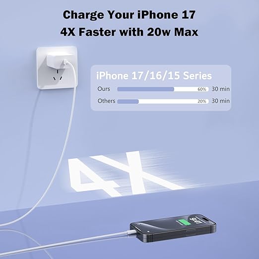 Fast Charger for iPhone 17 16 Charger, 20W Type C Charging Block with 3.3FT Long USB C Charging Cable, iPad Wall Plug Power Adapter for iPhone 17/17 Pro/17 Pro Max/Air/16/15, iPad Pro/Air/Mini,AirPods