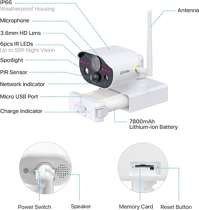 ZOSI 2 x C306 Pro 3MP 2K Wireless Solar Security Camera Outdoor - Battery/Solar Powered, Color Night Vision, PIR Motion Detection, Spotlight Alarm,Cloud/Memory Card Storage (No Memory Card Included)