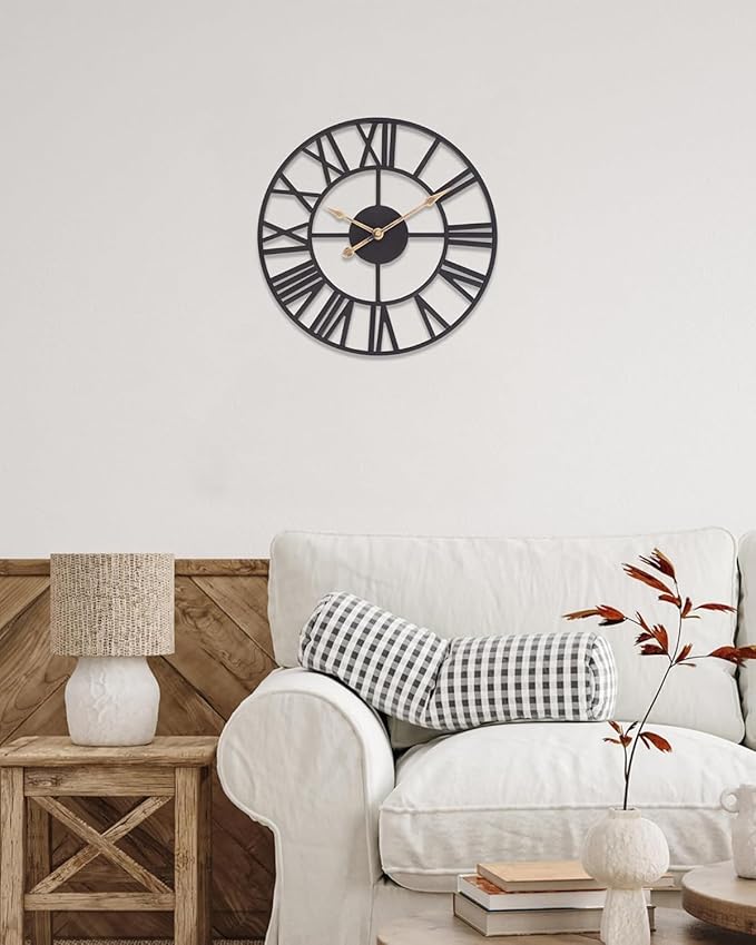 BEW Wall Clocks for Living Room Decor, Black Metal Skeleton Wall Clock Silent Battery Operated, Rustic European Industrial Farmhouse Decorative Wall Clocks for Kitchen, Bedroom, Dining Room-14 in