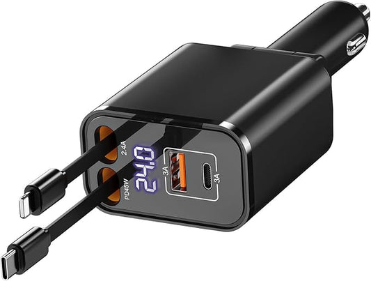 Retractable Car Charger USB C 4 in 1 87W Cigarette Lighter Car Phone Charger Adapter for iPhone 17 with Voltage Display Fast Charge for iPhone,Android,Samsung,etc