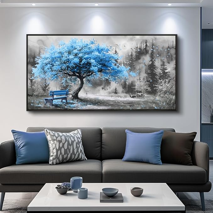 ZUITINGHUA Large Black Framed Wall Decor For Living Room Canvas Wall Art For Office Modern Wall Decorations For Bedroom Blue Tree Landscape Paintings Black And White Pictures Home Decor 24x48 In