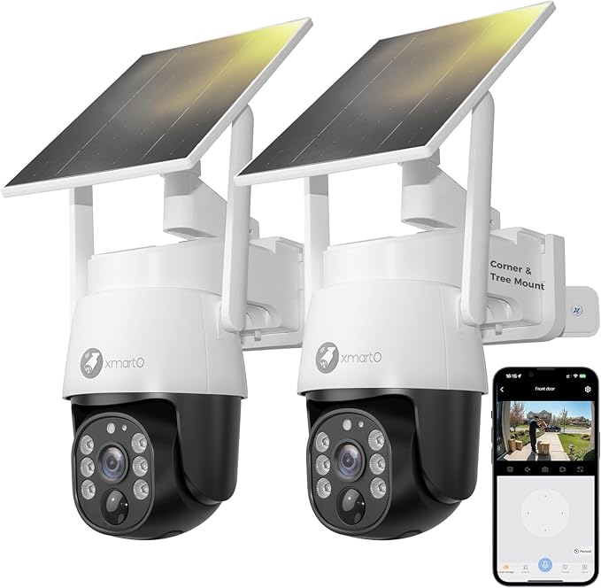 xmartO 4MP QHD Wireless PTZ Solar Security Camera Outdoor/Indoor for Homes, WiFi 6 5G Dual Band, Wire-Free Easy Installation, No Monthly Fee (Wall/Ceiling/Corner/Tree/Pole Mount, SDK4034 2-Pack)