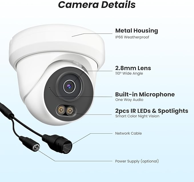 UNILOOK 4K PoE Security Camera, 8MP Turret IP Camera Outdoor Indoor Wired, 100ft Smart Color Night Vision, Human/Vehicle Detection, IP66 Built-in Audio, @20fps, Wide Angle, Metal Housing, NDAA