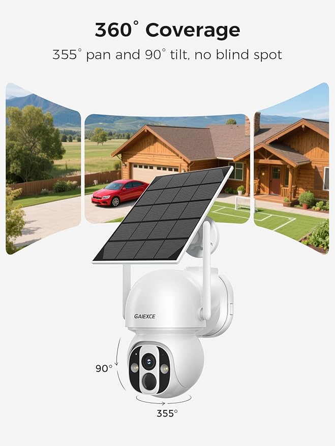 Solar Camera Outdoor Wireless, 4 Cam Kit, No Subscription, Wireless Home Security Camera System, Expandable to 10CH, 360° View PT Cameras, 2K Color Night Vision, Two-Way Talk, 2.4G & 5GHz WiFi