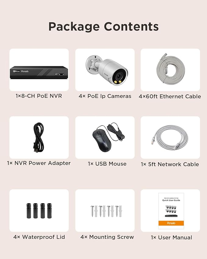 PoE Security Camera System 4K, 4X 8MP Wired Home Bullet IP Cameras Built-in microphone, Human Vehicle Detection, Smart Color Night Vision, 4K 8 Channel NVR 2TB HDD, 24/7 Recording, PB38F0408-8M