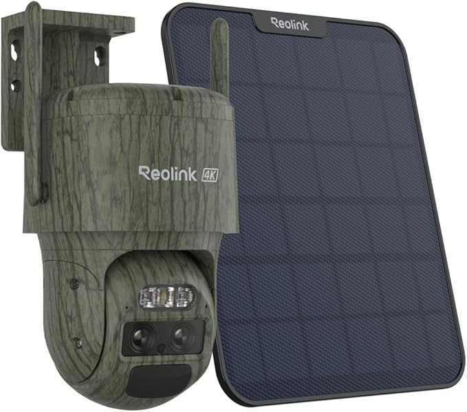 REOLINK 4K Dual Lens 4G LTE Cellular Security Camera, SIM Card Included, Wireless Auto Tracking Trail Camera, 6X Hybrid Zoom, No-Glow IR, Waterproof for Wildlife, TrackMix LTE Trail + Solar Panel 2