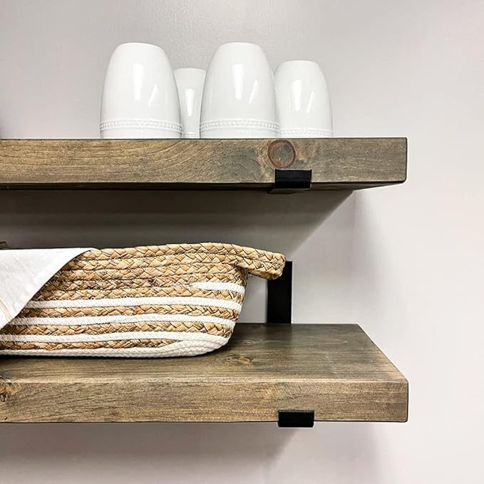 Rustic Shelves with J-Brackets Set of 2, Industrial Shelf, Kitchen Shelves, Solid Wood, Decorative Wall Storage, Heavy Duty, URBANDI (Grey, 24Wx6D)