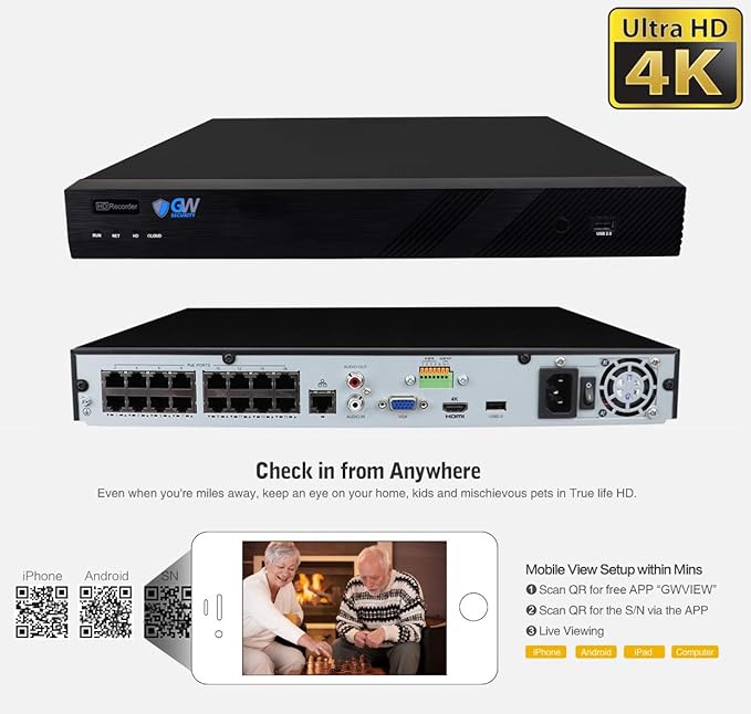 GW Security 16 Channel 4K NVR 5MP POE Audio & Video Smart AI Security Camera System - 16 x 5MP 1920P Weatherproof Bullet Cameras, Built in Microphone, Pre-Installed 4TB Hard Drive