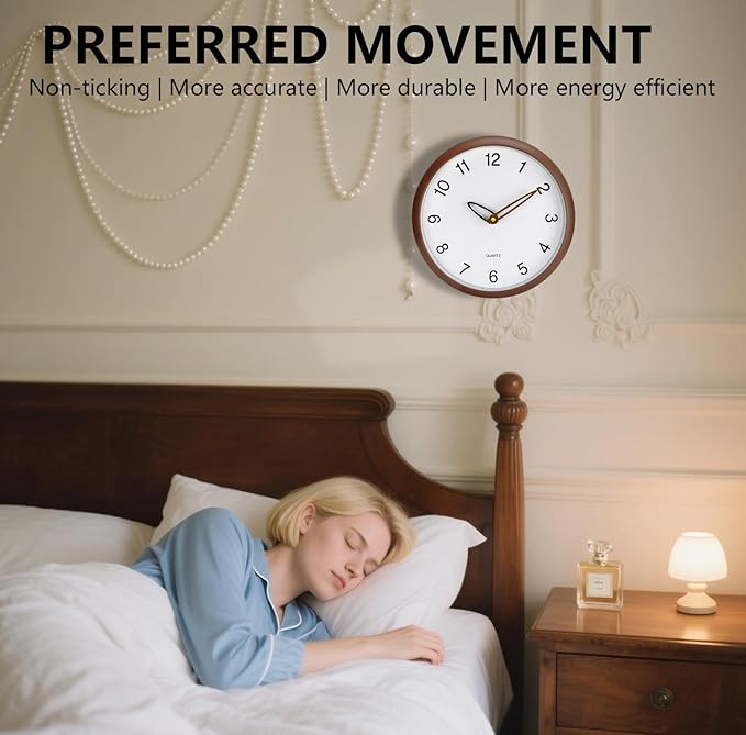 Wall Clock, 12 Inch Wall Clocks Battery Operated, Silent Non Ticking Analog Clock with Large Numbers, Cream Modern Wooden Hands Clocks for Living Room Bedroom Kitchen Hotel Farmhouse, Brown
