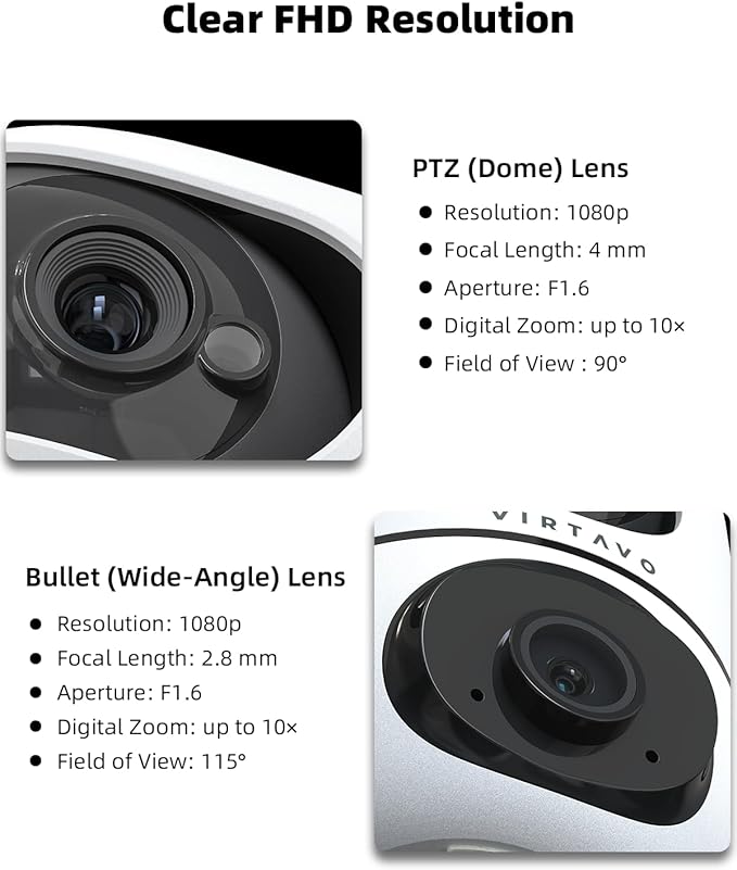 virtavo XD1 Indoor Pet & Baby Camera, No Subscription Required, Dual-Lens 360° PTZ, Motion Tracking, 2-Way Audio, Night Vision, Cloud/SD Storage, Phone App, WiFi, 2-Pack, Power Adapter Included