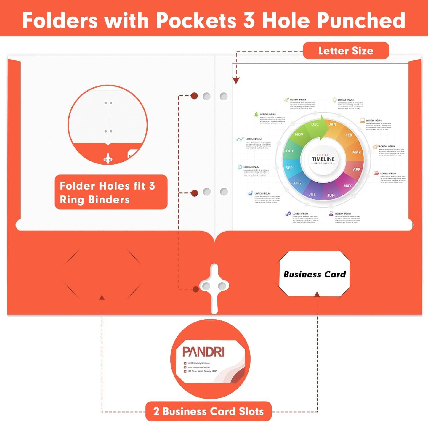 Two Pocket Portfolio Folders, PANDRI 60 Pack 3 Hole Punched 2 Pocket Folders for 3 Ring Binder, Letter Size Paper File Folder for School Office Home Business, Red