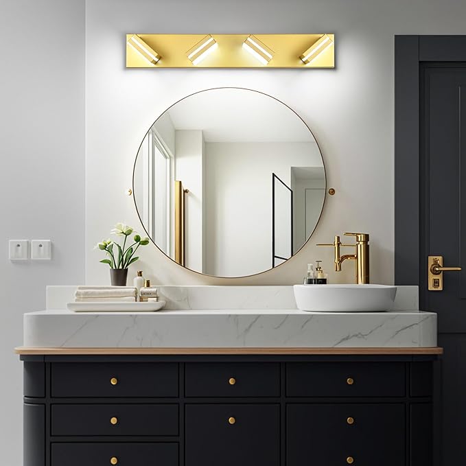 Modern LED Bathroom Lights Fixtures(4-Light),Metal Gold Acrylic Wall Lighting,Vanity Lights for Bathroom Over Mirror(6000k 27in)