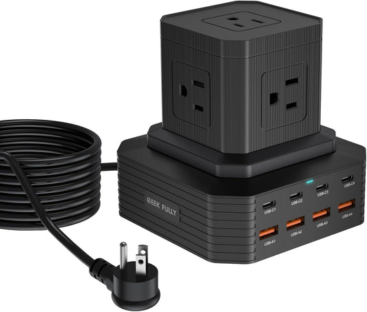 100W USB C Charging Station 13-in-1 Surge Protector Power Strip with 4 PD USB-C & 4 USB-A Ports, Adapt to MacBook Pro/Air, iPhone 15/14, iPad, and Multi-Device Office and Home Chargers