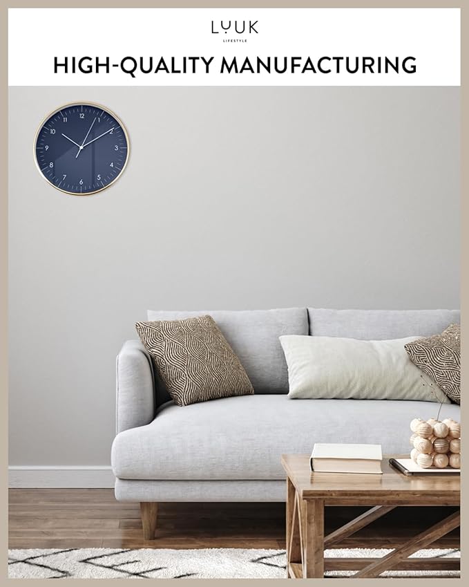 LUUK LIFESTYLE Modern Wall Clock with Silent Quartz Movement, Stylish & Functional, Decoration for Living Room, 12 inch, in Dark Blue & Gold
