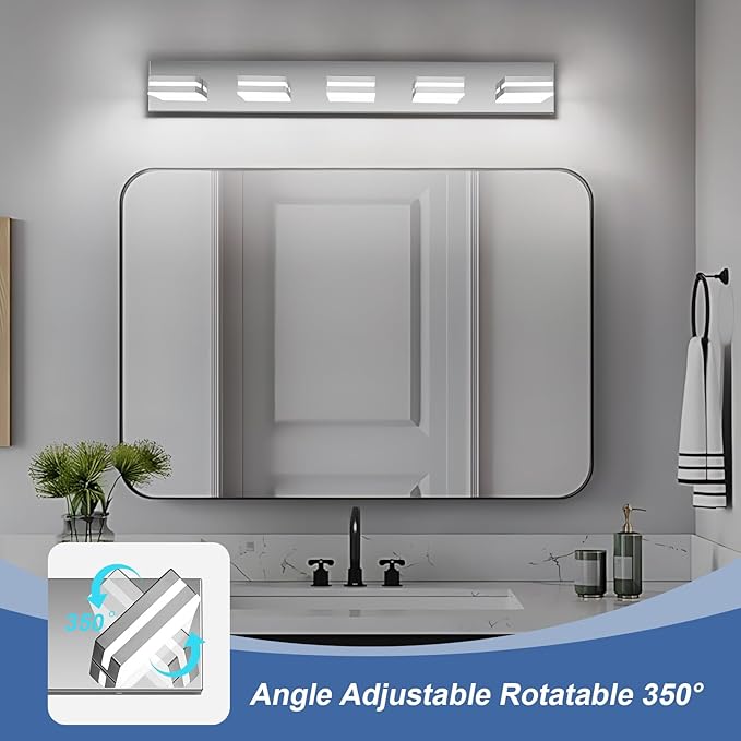 Modern LED Bathroom Lights Fixtures(5-Light),Stainless Steel Chrome Acrylic Wall Lighting,Vanity Lights for Bathroom Over Mirror(6000k 34in)