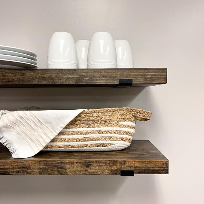 Rustic Shelves with J-Brackets Set of 2, Industrial Shelf, Kitchen Shelves, Solid Wood, Decorative Wall Storage, Heavy Duty, URBANDI (Dark Brown, 48Wx10D)