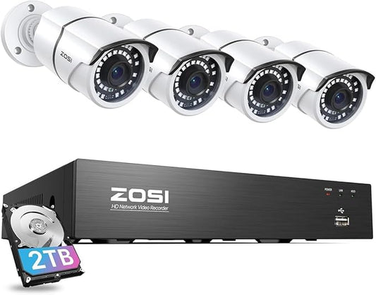 ZOSI 8CH 4K PoE Home Security Camera System, 8 Ports 16CH 8MP NVR with 2TB HDD, 4pcs 5MP Outdoor PoE Cameras, 120ft Night Vision