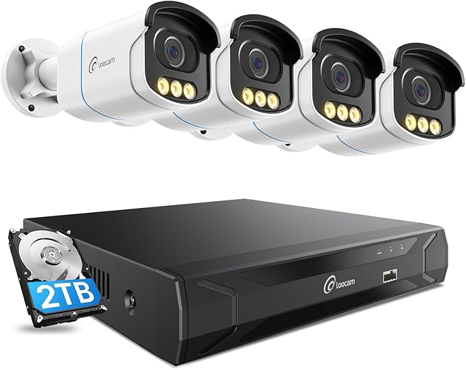 Loocam PoE Security Camera System Color Night Vision, 4pcs 5MP CCTV Wired PoE IP Cameras, AI Human Vehicle Detect, Spotlight Siren Alarm, 2 Way Video, 8 Channel NVR & 2TB HDD for 24/7 Record