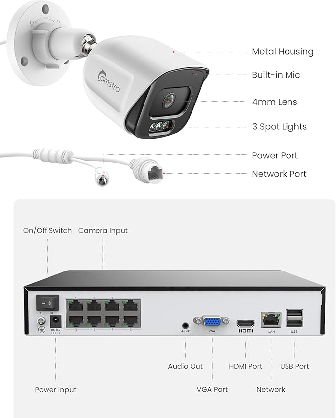 4Pcs 5MP PoE Security Camera System with 4K 8CH NVR, 2TB HDD, AI Human/Vehicle/Pet/Parcel Detection, 100ft Night Vision, H.265+, IP67 Metal Cameras, 24/7 Recording & Remote Access- White