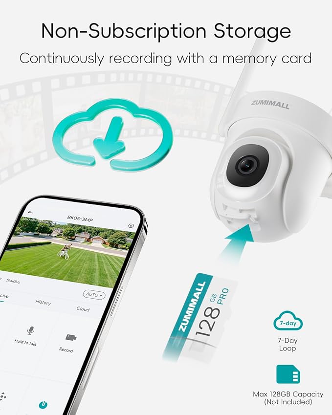 ZUMIMALL 3MP Security Camera Outdoor - 360° PTZ Auto Tracking | 24/7 Recording Wired Power, 2.4G/5G Wireless WiFi | Motion & Noise Detection, Color Night Vision, 2-Way Audio | Compatible with Alexa