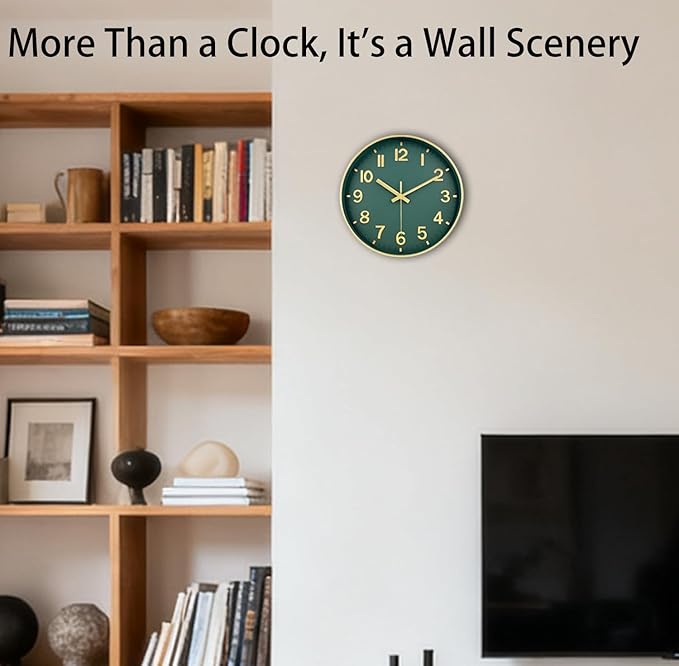 Modern Wall Clock, 10 Inch Digital Wall Clocks Battery Operated, Round Non Ticking Silent Analog Clock for Bedroom Living Room Kitchen Office Gym Classroom Decor, Gold Green Battery Clock