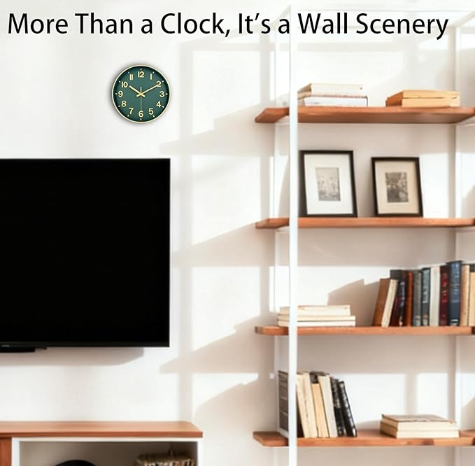 Wall Clock, 8 Inch Wall Clocks Battery Operated, Modern Non Ticking Silent Digital Analog Small Wall Clock for Bedroom Living Room Kitchen Office Gym Classroom Outdoor Clocks, Gold Green