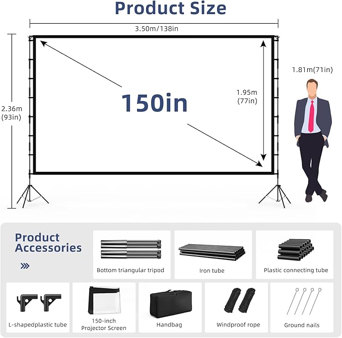 Projector Screen Outdoor, Vamvo Projector Screen with Stand Portable 150" Foldable ProjectorScreen, 10 Feet Indoor Movie-Screen with Carrying Bag for Home Theater Backyard Movie Night