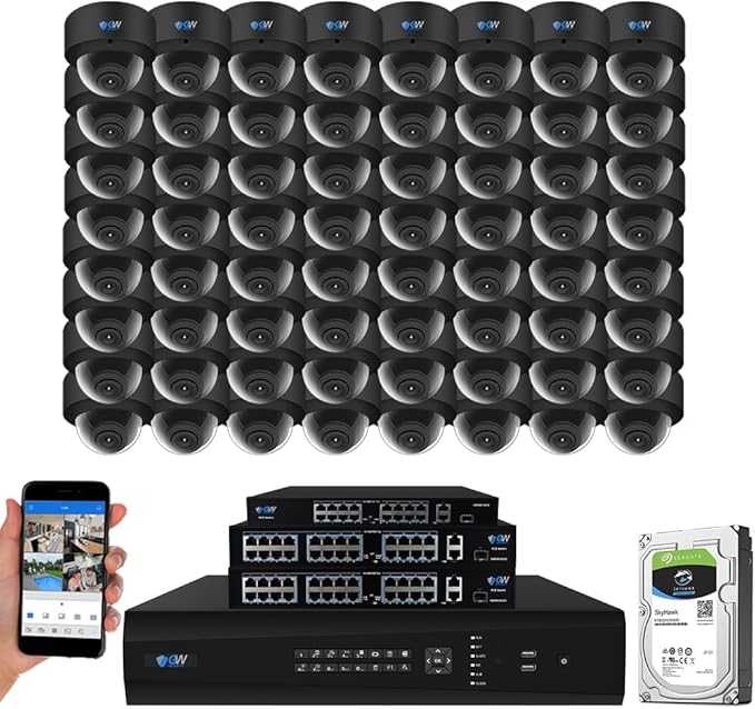 GW Security 64 Channel 12MP NVR UltraHD 4K Human & Cars Detection PoE Security Camera System with 64 x 8MP Waterproof Microphone 130° Wide Angle Outdoor Indoor Dome Cameras (Black)