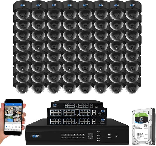 GW Security 64 Channel 12MP NVR UltraHD 4K Human & Cars Detection PoE Security Camera System with 64 x 8MP Waterproof Microphone 130° Wide Angle Outdoor Indoor Dome Cameras (Black)