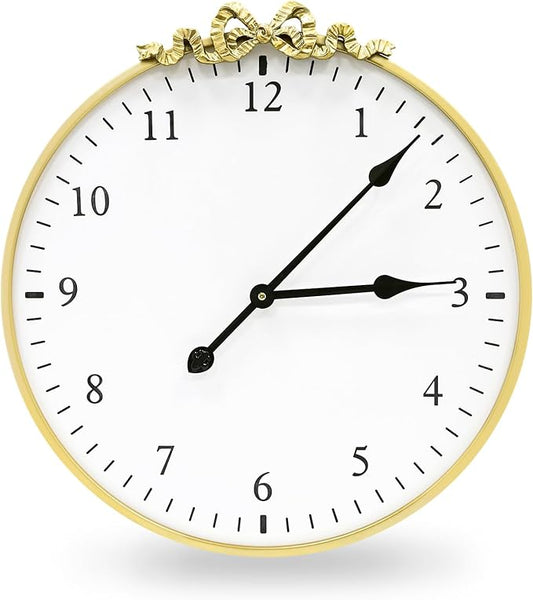 Large Vintage Gold Wall Clock, 20inch Decorative Round Wall Clocks with Bow Decor for Living Room, Retro Metal Battery Operated Clocks for Bedroom, Dining Room,Office