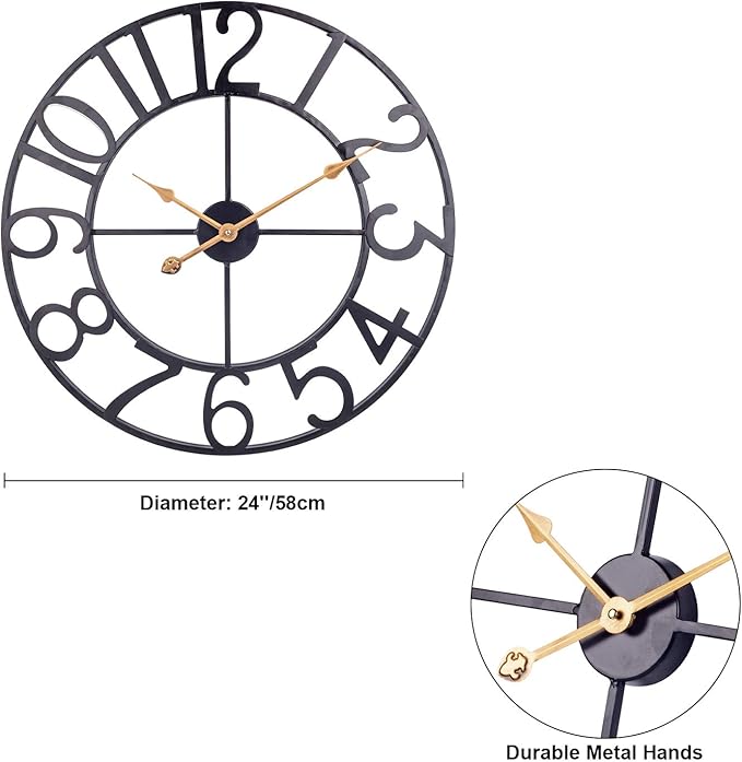 BEW 24 Inch Metal Clock, Large Cut-Out Farmhouse Decorative Wall Clock Battery Operated, Silent Non-Ticking Indoor Outdoor Iron Wall Clock for Living Room, Patio