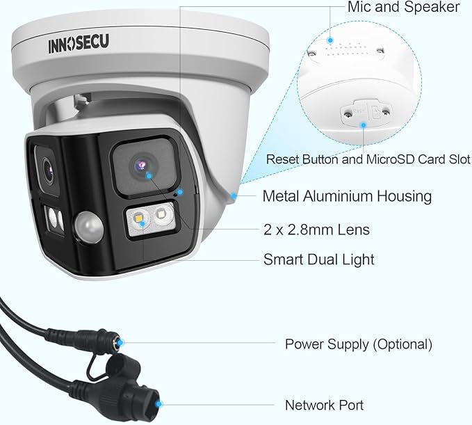 8MP Dual Lens IP PoE Camera, Outdoor Dome Security Dome Camera with 180° Panoramic View, Waterproof IP67, Light Color Night Vision, Two-Way Audio, Human/Vehicle Detection, IND8CD99G