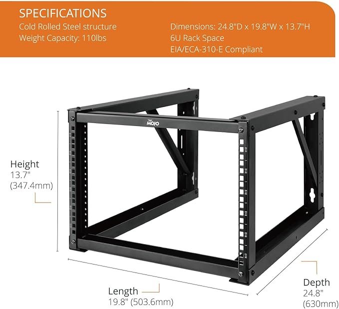 Tecmojo 6U Wall Mount Rack, Wall Mount Network Rack 24.8in Depth, Open Frame Server Rack for 19in IT/AV/Data/Home Equipment, Black