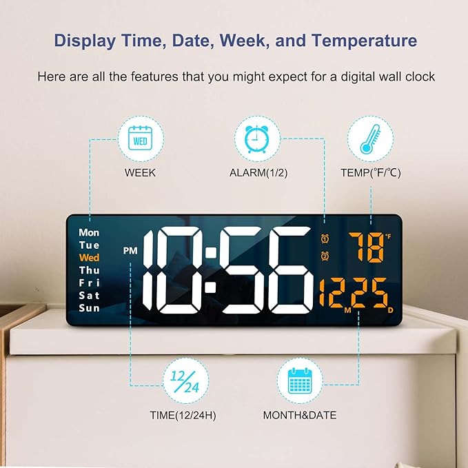 Digital Wall Clock Large Display, 16.2 Inch , LED Digital Clock with Remote Control for Living Room Decor, Automatic Brightness Dimmer with Date Week Temperature (Orange)