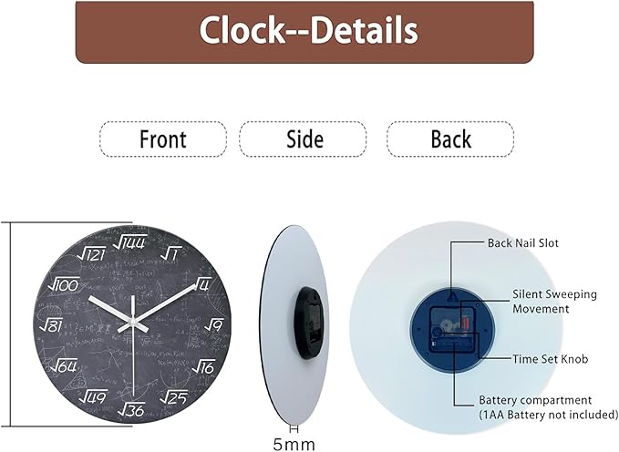 XNM Black Math Clock for Classroom Glass Small Wall Clocks Battery Operated 12 Inch Round Silent Wall Clock Non Ticking