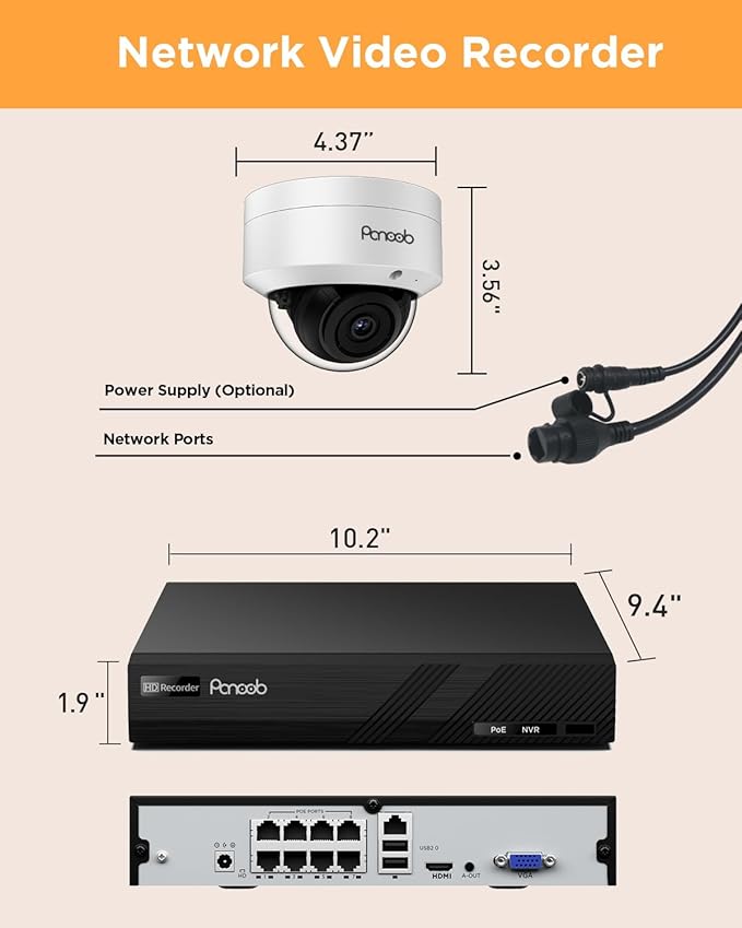 5MP PoE Security Camera System, 4X IK10 Vandal-Proof Dome IP Cameras Outdoor with Person Detection, Built-in Mic, 2.8mm Lens, 100ft IR Night Vision, 4K 8CH NVR with 2TB HDD, PD54A0408-5M2-1