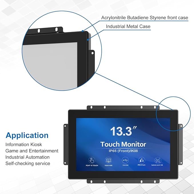 13.3 Inch 1000 Nits High Brightness 10 Points Open Frame Touch Display, Industrial PCAP Touchscreen Monitor, VGA+HDMI+DVI Port - 16:9-1920 x1080
