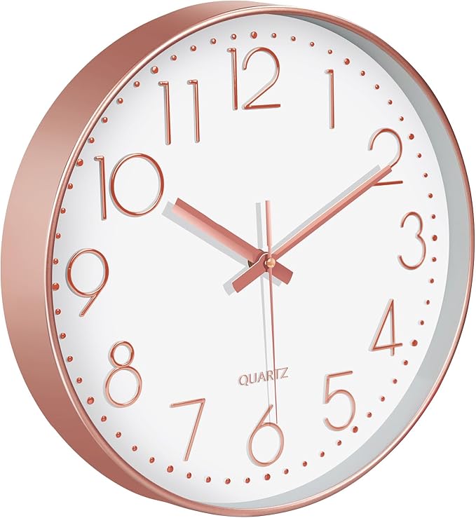 Silent Wall Clocks Battery Operated 8 Inch, Analog Wall Clock with Oversized Number Tempered Glass Clock Face, Rose Gold Quartz Non Ticking Wall Clocks for Living Room Bedroom Kitchen Office