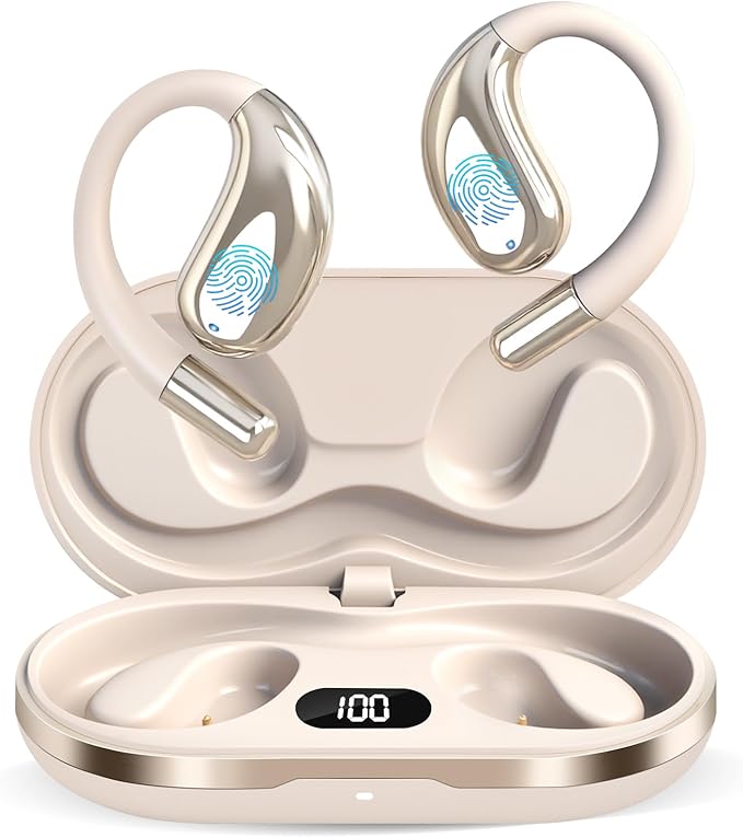 Open Ear Clip Wireless Earbuds Bone Conduction Headphones, Bluetooth 5.4, Open Ear Design, Built-in Mic, IPX7 Waterproof, LED Display Charging Case,Ear Hooks Ear Buds,Design for Running Fitness