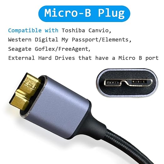 QJYTH 3FT Hard Drive Cable, Type C to Micro B Nylon Braided External Cord Compatible with Seagate, Toshiba, WD My Passport, lacie, Mac, iPhone 15/16, Tablet and More USB-C Device