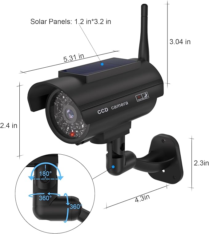 WALI Dummy Fake Camera, Solar Powered Fake Security Camera with LED Light, Simulated Surveillance Security CCTV Dome Cameras with Antenna and Warning Sticker Indoor Outdoor (SOL-TCB2), 2 Packs, Black