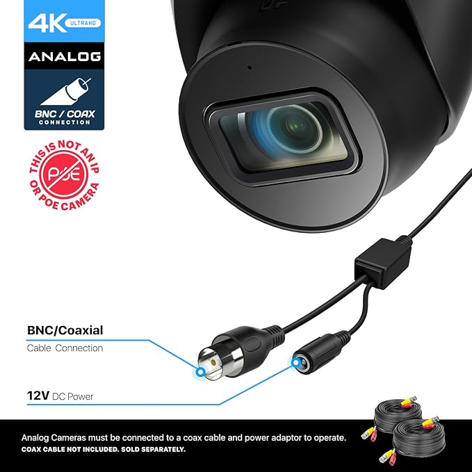 Amcrest Analog 4K Outdoor Security Camera, Turret 8MP @15fps CCTV-Coax-BNC, 98ft Night Vision, 125° Angle, Built-in Mic, Black (AMC4KDM28-B-V3), (Not an IP Camera) DVR Required, Not Included