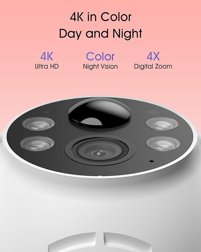 ANRAN 4K Solar Security Camera Outdoor Wireless-360° PTZ, 8MP Color Night Vision, Battery-Powered WiFi Camera with PIR Detection, 2-Way Audio, No Wiring Needed, Compatible with Alexa