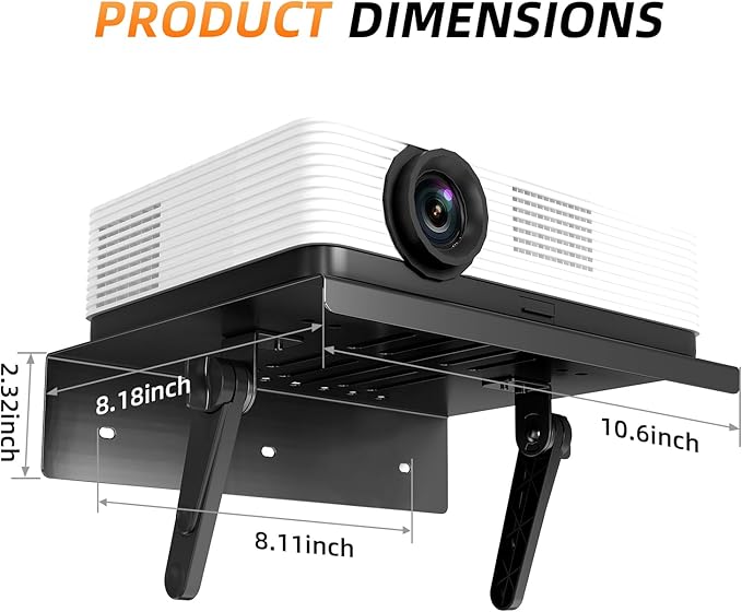 No Drilling Metal Projector Mount, Adjustable Angle Projector Mount Shelf for Sofa and Bedside, Foldable for Storage,Perforated Design for Heat Dissipation,Projector Wall Mount for Living Room