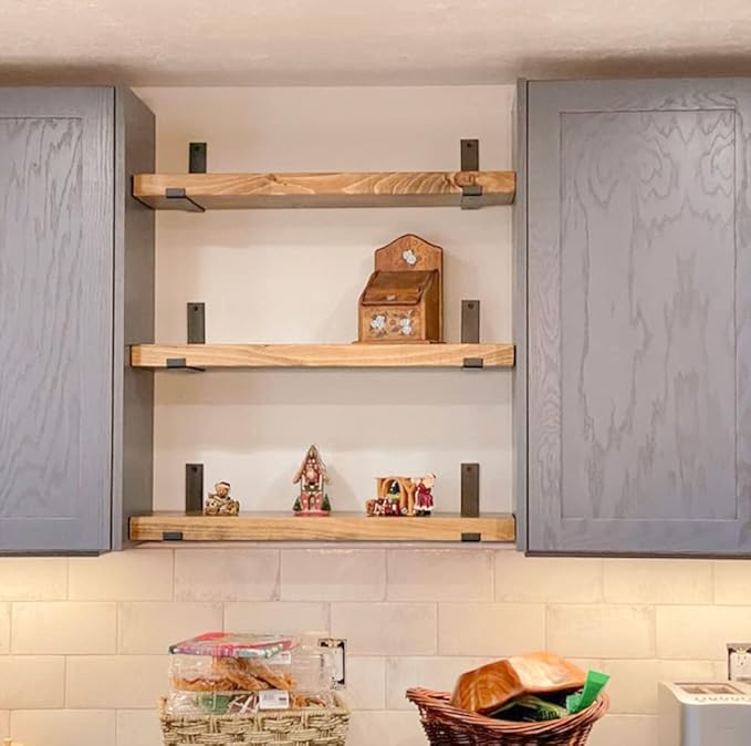 Rustic Shelves with J-Brackets Set of 2, Industrial Shelf, Kitchen Shelves, Solid Wood, Decorative Wall Storage, Heavy Duty, URBANDI (Brown, 12Wx6D)